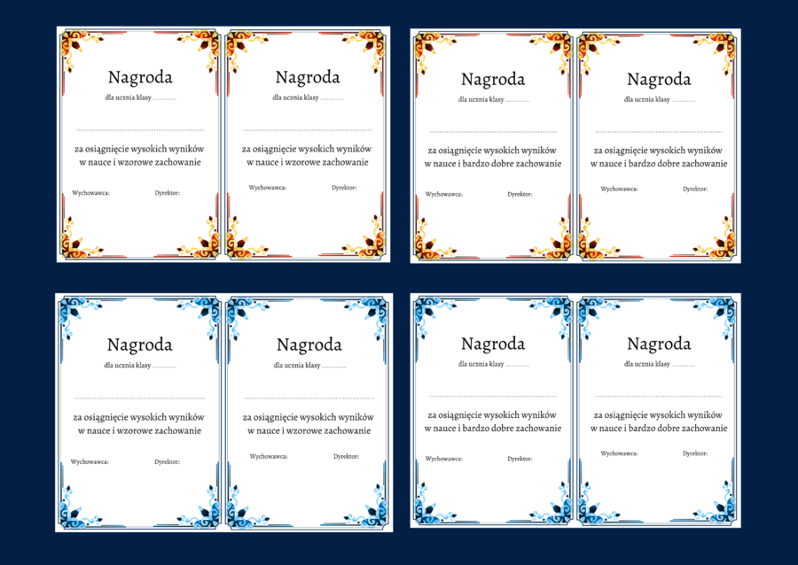 NAGRODA - wkładka do książki - dyplom - dyplomy - 8 wersji - zakończenie roku szkolnego