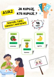 48 kart "Ja kupuję, kto kupuje?" owoce i warzywa, biernik l.poj., jpjo poziom A1/A2