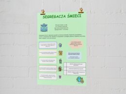 Kolorowe plakaty. Zasady segregacji śmieci, łańcuch pokarmowy, cykl obiegu wody w przyrodzie.