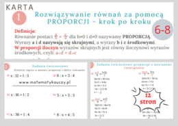 Rozwiązywanie równań za pomocą PROPORCJI – KROK PO KROKU / KARTY PRACY kl.6 – kl. 8 PDF/ ponad 50 przykładów + ROZWIĄZANIA Materiał cyfrowy