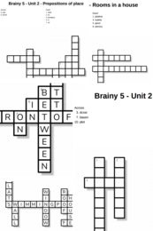 Brainy 5 – Unit 2 – krzyżówki – House and garden/Prepositions of place/Rooms in a house