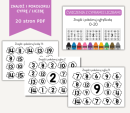 Ćwiczenia Nauki liczb od 0-20. Znajdź I pokoloruj cyfrę/liczbę. 20 stron PDF