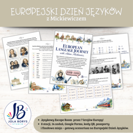 Europejski Dzień Języków – European Language Journey with Adam Mickiewicz – językowy Escape Room, 7 stacji, 14 zadań, Google Forms, QR