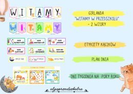 Zestaw przedszkole - gazetka. (pory roku, dni tyg., znaczki, girlanda...)