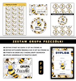Zestaw Etykiety, Medaliony, Dyplom, Naklejka z nazwą grupy - Dla Grupy Pszczółki