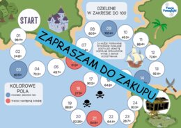 Działania w zakresie do 100 (dodawanie, odejmowanie, mnożenie, dzielenie) - 4 plansze do gry "Poszukiwacze skarbów".