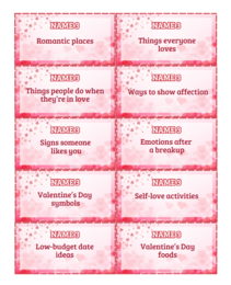 Valentine’s Day – NAME 3 / 5 SECONDS ESL SPEAKING GAME | Gra mówienia po angielsku (100 kart, A2-B2, Walentynki)
