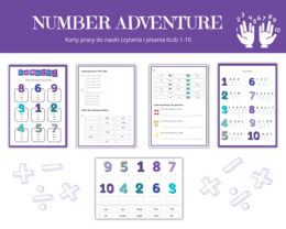 Number Advenure 1-10 - zestaw do nauki liczb 1-10 po angielsku, czytanie, pisanie, dodawanie i odejmowane w zakresie 10, karty pracy, karty obrazkowe, karty wyrazowe , numbers,