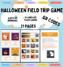 Halloween Gra Trernowa dla dużych i małych +QR Codes, Domino w 3 wersjach (również dla nieczytających), opisane karty obrazkowe na j. angielski i inne wydarzenia jesienne, dobre dla SPE, kody QR