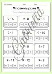 Karta pracy - mnożenie przez 6,7,8 oraz 9.