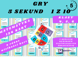 Gry karciane matematyczne "5 SEKUND" oraz "1 z 10" dla uczniów klas 3-6 szkoły podstawowej + plansza do gry