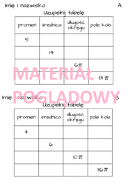 Pole koła i długość okręgu - notatka (plansza) + karta pracy. klasa 7 - 8.