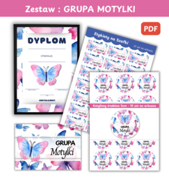 Zestaw Etykiety, Medaliony, Dyplom, Naklejka z nazwą grupy - Dla Grupy Motylki