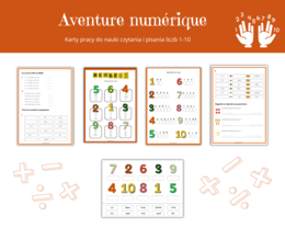 Aventure numérique 1-10 – zestaw do nauki liczb 1-10 po francusku, czytanie, pisanie, dodawanie i odejmowane w zakresie 10, karty pracy, karty obrazkowe, karty wyrazowe , nombres
