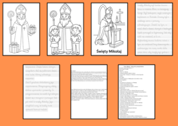 7 stron Święty Mikołaj – scenariusz zajęć + tekst + 3 kolorowanki + pisanie po śladzie (kl. 1–3)