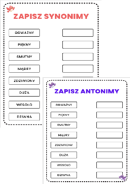 Synonimy i antonimy - tabele do uzupełnienia