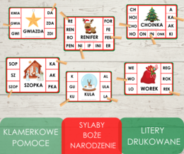 Klamerkowe pomoce - sylaby - Boże Narodzenie (litery drukowane)
