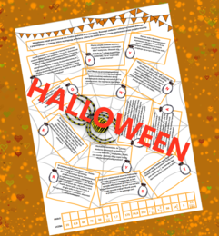 (klasa 7 klasa 8) Matematyczne Halloween z zadaniami utrwalającymi z pająkiem i hasłem.