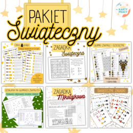 PAKIET ŚWIĄTECZNY - 6 materiałów + gratis - Święta / Boże Narodzenie / Mikołajki / łamigłówki / zagadki / Kodowanka / ułamki / pola figur / tabliczka mnożenia / potęgi / pierwiastki