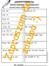 Wyrażenia algebraiczne - mnożenie jednomianów i sum algebraicznych. Karta pracy lub kartkówka.