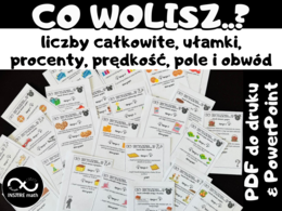 Kreatywne matematyczne karty: Co wolisz..? – Liczby całkowite, ułamki zwykłe i dziesiętne, procenty, jednostki, prędkość, pole i obwód.