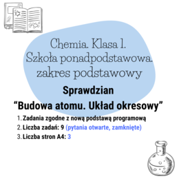 Chemia. Sprawdzian. Budowa atomu. Układ okresowy. Szkoła ponadpodstawowa. Zakres podstawowy. Nowa podstawa programowa.