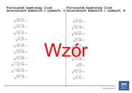 Pierwiastek kwadratowy liczb dziesiętnych dodatnich i ujemnych | matematyka | 26 kolumn