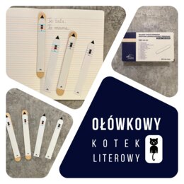 Ołówkowy kotek literowy – pomoc do nauki pisania liter w liniaturze zeszytu