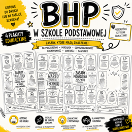 BHP W SZKOLE PODSTAWOWEJ – 4 PLAKATY EDUKACYJNE | ZASADY BEZPIECZEŃSTWA, PORZĄDEK I ODPOWIEDZIALNOŚĆ