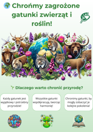 Infografiki. Zagrożone zwierzęta i rośliny. Segregacja odpadów. Oszczędzanie zasobów naturalnych.