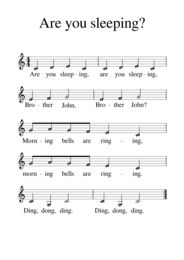 Are you sleeping, are you sleeping, Brother John? Nuty do piosenki, tekst w języku angielskim, podpisane nazwy dźwięków. Wygodna, duża czcionka.