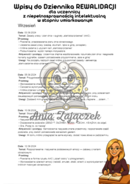 WPISY do Dziennika Uczeń z niepełnosprawnością intelektualną w stopniu umiarkowanym