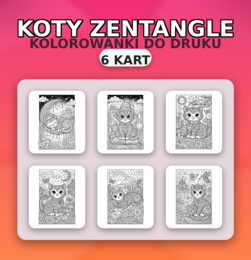 Dzień Kota: koty zentangle – zestaw 6 kolorowanek A4 (PDF)