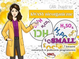 Klasa 7. Chemia. Znajdź to! Kwasy nieorganiczne. Gra typu dobble. Wersja SMALL.