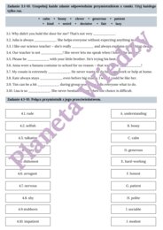 PRZYMIOTNIKI (CECHY CHARAKTERU)– Zbiór zadań do egzaminu ósmoklasisty z języka angielskiego. Poziom A2/A2+ – przymiotniki opisujące cechy charakteru, przymiotniki zaprzeczające - przedrostki( un-, dis-, in-, im-, ir-), wypełnianie luk w tekście, dialogac