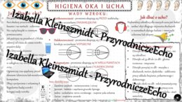 Sketchnotka - notatka „Higiena oka i ucha” wykonana w power point do edycji. Biologia 7; „Narządy zmysłów”