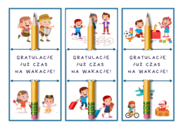 "Gratulacje już czas na wakacje!" zakładka na ołówek 3 wzory na karcie A4 oraz 2 na a4- prezent na zakończenie roku