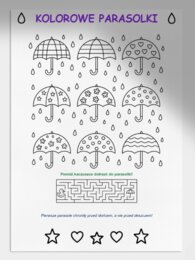 Kolorowanki: parasolki, kalosze, deszcz.