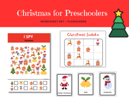 Christmas for Preschoolers Worksheet Set - Karta pracy dla przedszkolaków i uczniów zerówki do rozwijania umijętności słownictwa i logicznego myślenia, Święta Bożego Narodzenia, słownictwo, sudoku, gra I Spy, liczenie do 10, wzory, what comes next, dodat