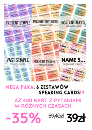 MEGA PAKA: 480 kart z pytaniami - 6 zestawów speaking cards - angielski - mówienie - różne czasy - Present Simple - Past Simple - Present Continuous - Past Continuous - Present Perfect + name 5 - matura ustna