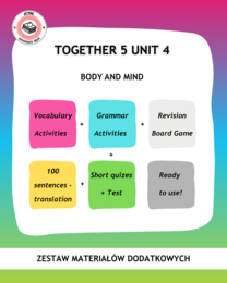 Together 5 Unit 4 zestaw: materiały dodatkowe z gramatyki i słownictwa + gra planszowa + 100zdań do tłumaczenia z działów 1-4 + test i kartkówki do działu