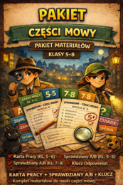 Części mowy – pakiet materiałów kl. 5–8 | karta pracy + sprawdziany A/B + klucz