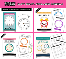 ZESTAW Kart Pracy : Która jest godzina? Ćwiczenia odczytu Godziny z Tarczy Zegara w j. Polskim & Angielskim + SZABLON do stworzenia Zegara.
