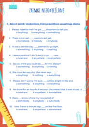 Zaimki nieokreślone -body, -one, -thing, -where - tabela