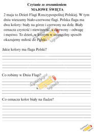 Majowe święta - Święto Pracy, Dzień Flagi, Konstytucja 3 Maja. Czytanie ze zrozumieniem KLASA 1 - 2 (3 teksty).
