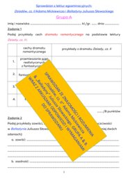 "Dziady, cz. II" Adama Mickiewicza & "Balladyna" Juliusza Słowackiego - duży sprawdzian z obu lektur z kluczem odpowiedzi.