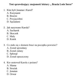 test sprawdzający znajomość lektury " Bracia Lwie Serce"