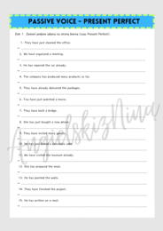 PASSIVE VOICE - Strona Bierna - Present Perfect - karta pracy - zdania - luki - ćwiczenia - wklejka - do wydrukowania - gramatyka - E8 - egzamin ósmoklasisty - matura - .pdf