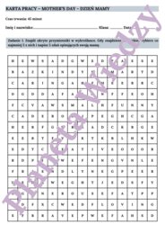 KARTA PRACY NA DZIEŃ MAMY - MOTHER'S DAY WORKSHEET, KLASY 4-8 SZKOŁY PODSTAWOWEJ- wykreślanka, ćwiczenia znajomości przymiotników i zdań opisujących, zadania pisemne