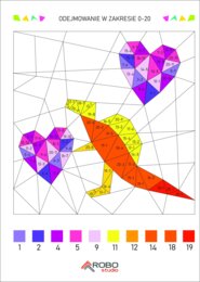 Odejmowanie w zakresie 20 , kolorowanka po numerach, dinozaury, walentynki